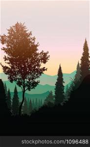Natural forest mountains horizon trees Landscape wallpaper Sunrise and sunset Illustration vector style Colorful view background