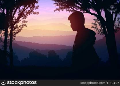 Natural forest trees mountains horizon hills silhouettes of trees and hills in the evening Sunrise and sunset Landscape wallpaper Illustration vector style Colorful view background Men standing