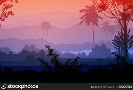 Natural forest trees mountains horizon hills silhouettes of trees and hills in the evening Sunrise and sunset Landscape wallpaper Illustration vector style Colorful view background