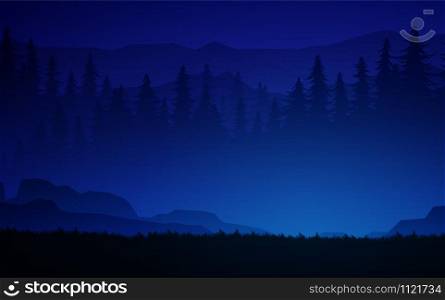 Natural forest trees mountains horizon hills Sunrise and sunset Landscape wallpaper Illustration vector style Colorful view background