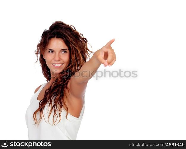 Natural girl with curly hair indicating something isolated on a white background