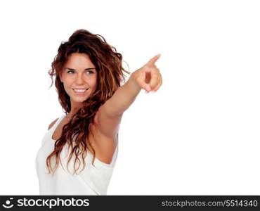 Natural girl with curly hair indicating something isolated on a white background