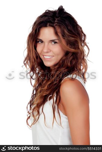 Natural girl with curly hair isolated on a white background