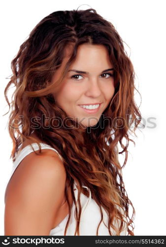 Natural girl with curly hair isolated on a white background