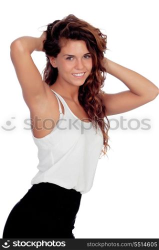Natural girl with curly hair isolated on a white background