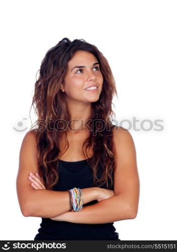 Natural girl with curly hair looking up isolated on a white background