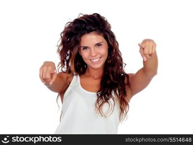 Natural girl with curly hair pointing at the camera isolated on a white background