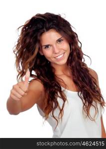 Natural girl with curly hair saying Ok isolated on a white background