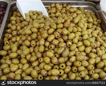 Natural Green Olives inside Metallic Bowl