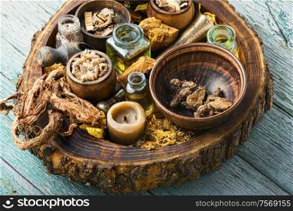 Natural herbal medicine sets on old wooden table.Chinese herbal medicine. Various kinds of herbal
