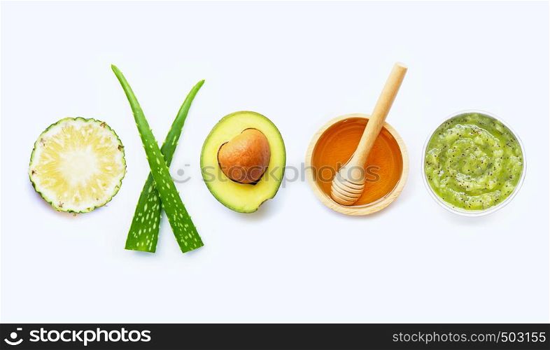 Natural ingredients for homemade skin care and scrub on white background.