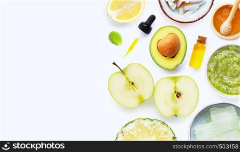 Natural ingredients for homemade skin care and scrub on white background.