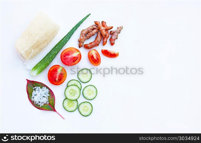 Natural ingredients for homemade skin care . Natural ingredients for homemade skin care on white background. Copy space