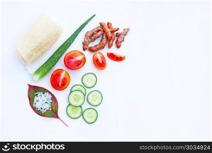Natural ingredients for homemade skin care . Natural ingredients for homemade skin care on white background. Copy space