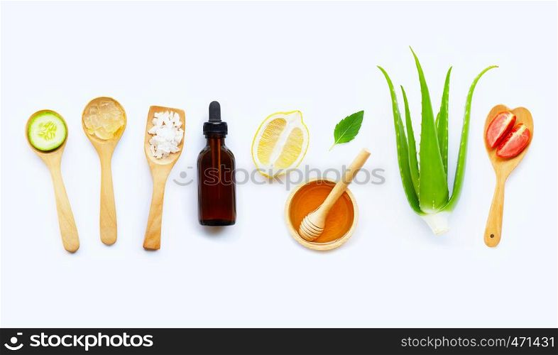 Natural ingredients for homemade skin care on white