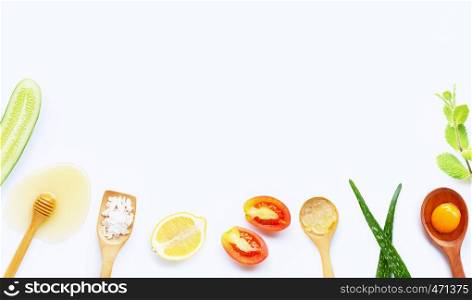 Natural ingredients for homemade skin care on white background. Copy space