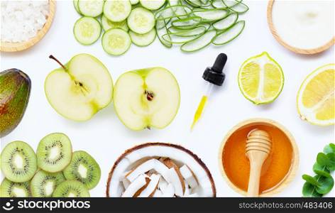 Natural ingredients for homemade skin care on white background. Copy space