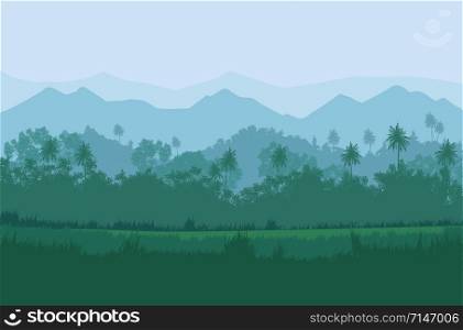 Natural jungle green forest mountains horizon trees Landscape wallpaper Illustration vector On comics style Colorful view background