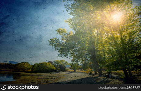 Natural landscape. Natural countryside landscape in old grunge style