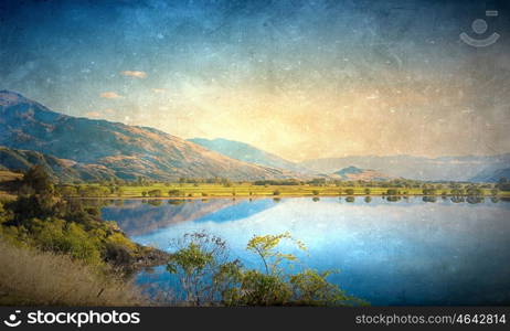 Natural landscape. Natural mountain landscape in old grunge style