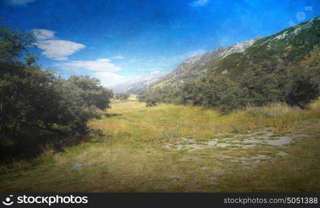 Natural landscape. Natural mountain landscape in old grunge style