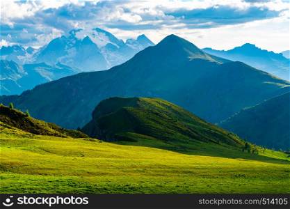 Natural landscape of beautiful mountains with the green hill and the field of f;owers at Giau Pass in Belluno Italy
