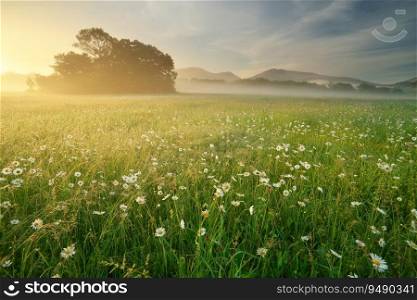 Natural landscape of camomole in mountain meadow during the sunrise.