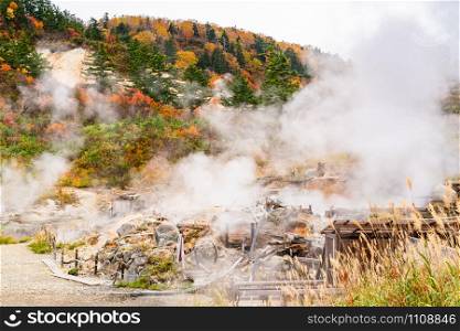 Natural landscape of Fuke no Yu in autumn with white steam emerge from the ground and flow over the area in front of the colorful foliage mountain in Towada Hachimantai National Park, Akita Prefecture, Japan.