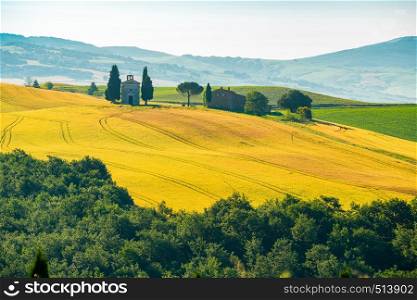 Natural landscape of summer at beautiful hilly field Tuscany with a little chapel of Madonna di Vitaleta in Valdorcia Italy