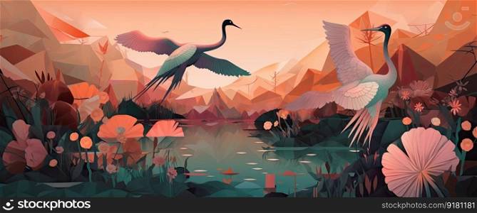 Natural landscape with two cranes flying on beautiufl lotuses. Generative AI