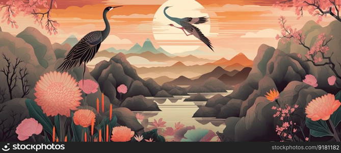 Natural landscape with two cranes flying on beautiufl lotuses. Generative AI