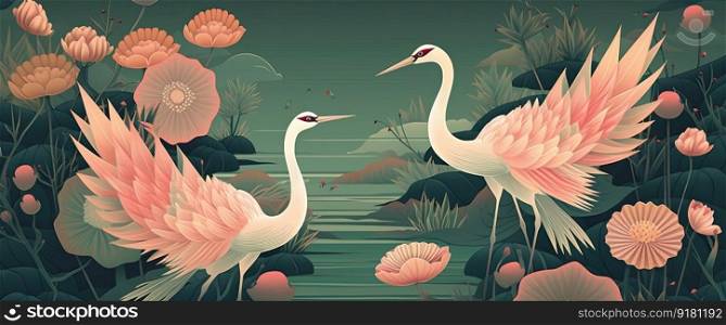 Natural landscape with two cranes flying on beautiufl lotuses. Generative AI