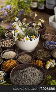 Natural medicine, herbs, mortar on wooden table background. Healing herbs on wooden table, mortar and herbal medicine