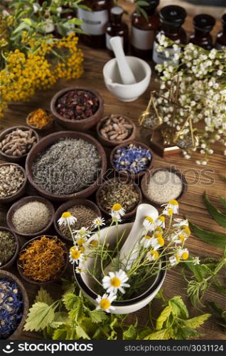 Natural medicine, herbs, mortar on wooden table background. Healing herbs on wooden table, mortar and herbal medicine