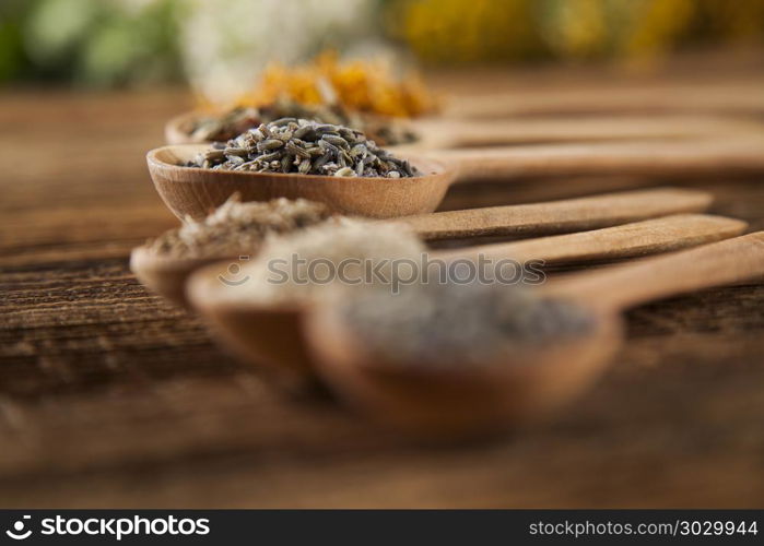 Natural medicine on wooden table background. Herbal medicine on wooden desk background