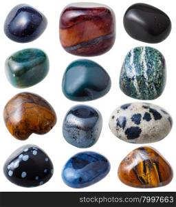 natural mineral gem stone - set from 12 pcs blue, green, brown and black gemstones isolated on white background