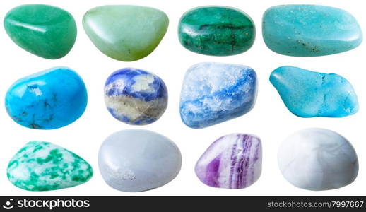 natural mineral gem stone - set from 12 pcs blue, green, white gemstones isolated on white background