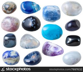 natural mineral gem stone - set from 15 pcs blue and black gemstones isolated on white background