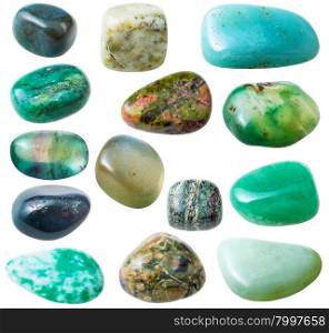 natural mineral gem stone - set from 15 pcs green gemstones isolated on white background