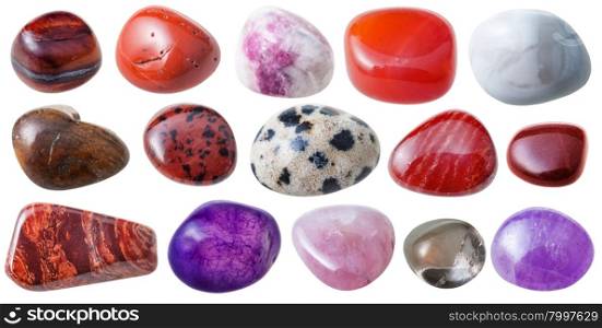 natural mineral gem stone - set from 15 pcs red, pink, violet and brown gemstones isolated on white background