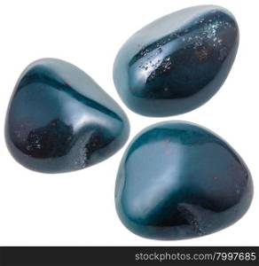 natural mineral gem stone - three heliotrope (bloodstone) gemstones isolated on white background close up
