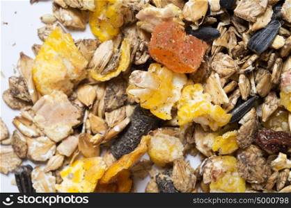 natural muesli background with fruits. for horse. extrime macro