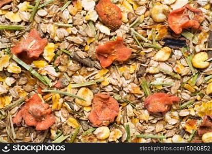 natural muesli with carrots background. for horse.