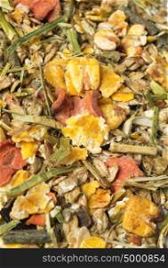 natural muesli with carrots background. for horse.
