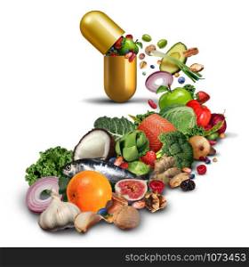 Natural nutritional supplement and vitamin medication as an open pill with fruit vegetables nuts and beans inside a nutrient product as a wellness and fitness product with 3D illustration elements.