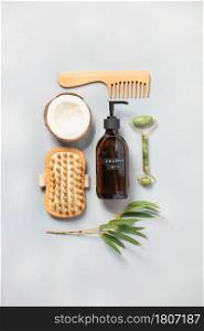 Natural organic SPA cosmetic products set. Flat lay minimalist style
