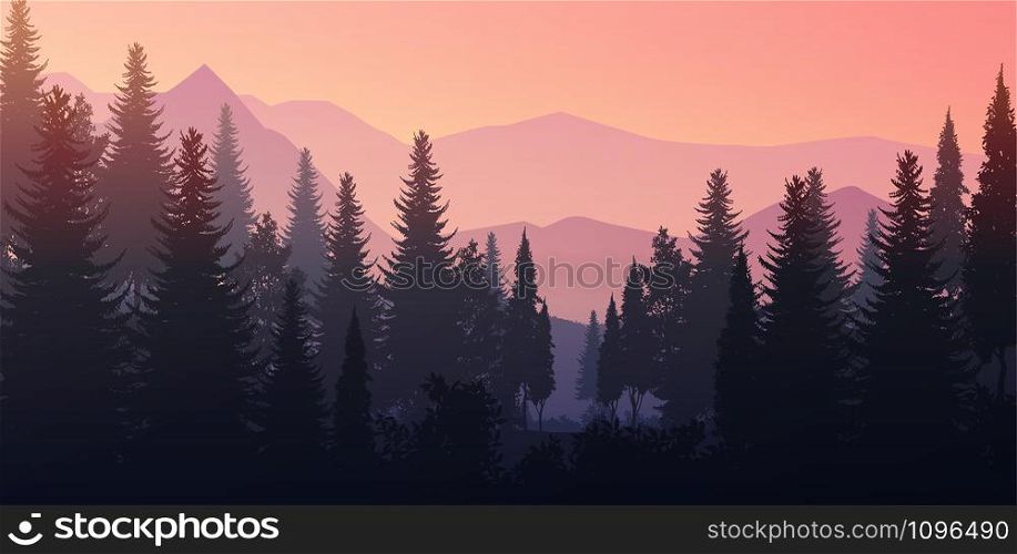 Natural Pine forest mountains horizon Landscape wallpaper Sunrise and sunset Illustration vector style Sunlight colorful view background