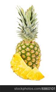 Natural pineapple with cut up pieces and white background