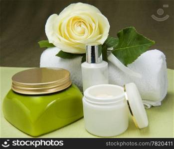 natural products for body care on colored background. Aromatherapy