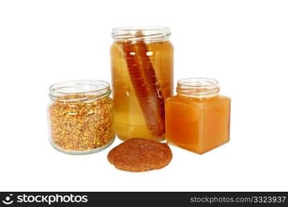 Natural products made of honeybees isolated on white